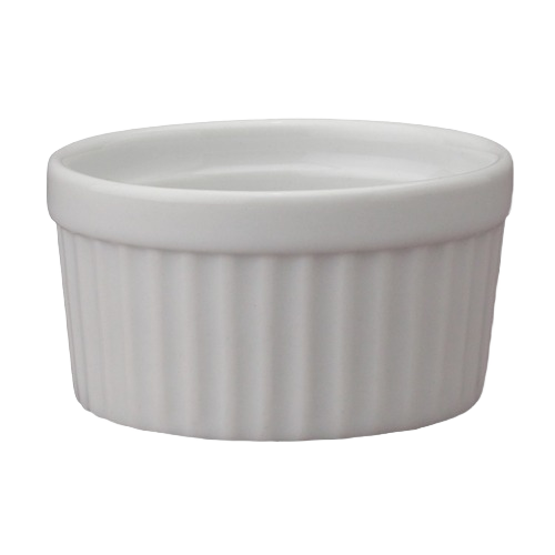 Small white porcelain souffle dish with fluted sides for elegant kitchenware and dining presentation.
