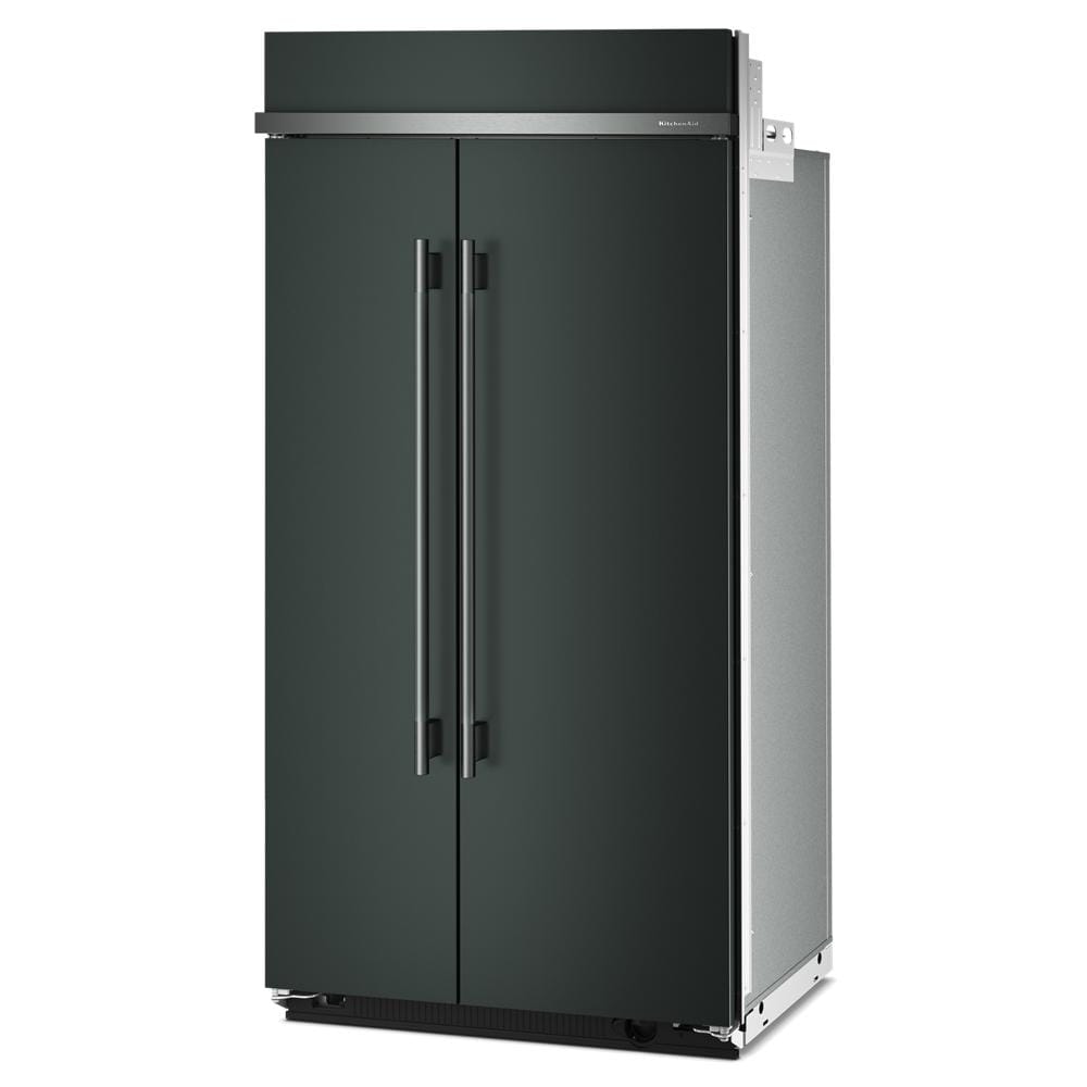 Built-in 42-inch side-by-side refrigerator in black stainless steel finish for KitchenAid appliances and home improvement collection