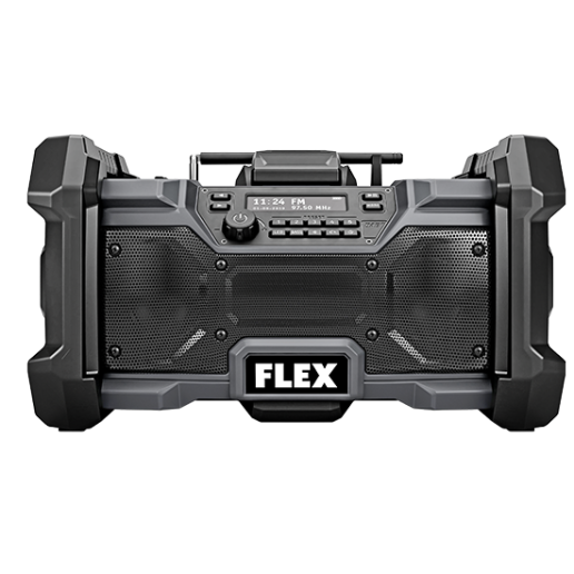 Durable gray and black FLEX jobsite radio with dual speakers, digital display, and control buttons, part of power tool accessories for home improvement
