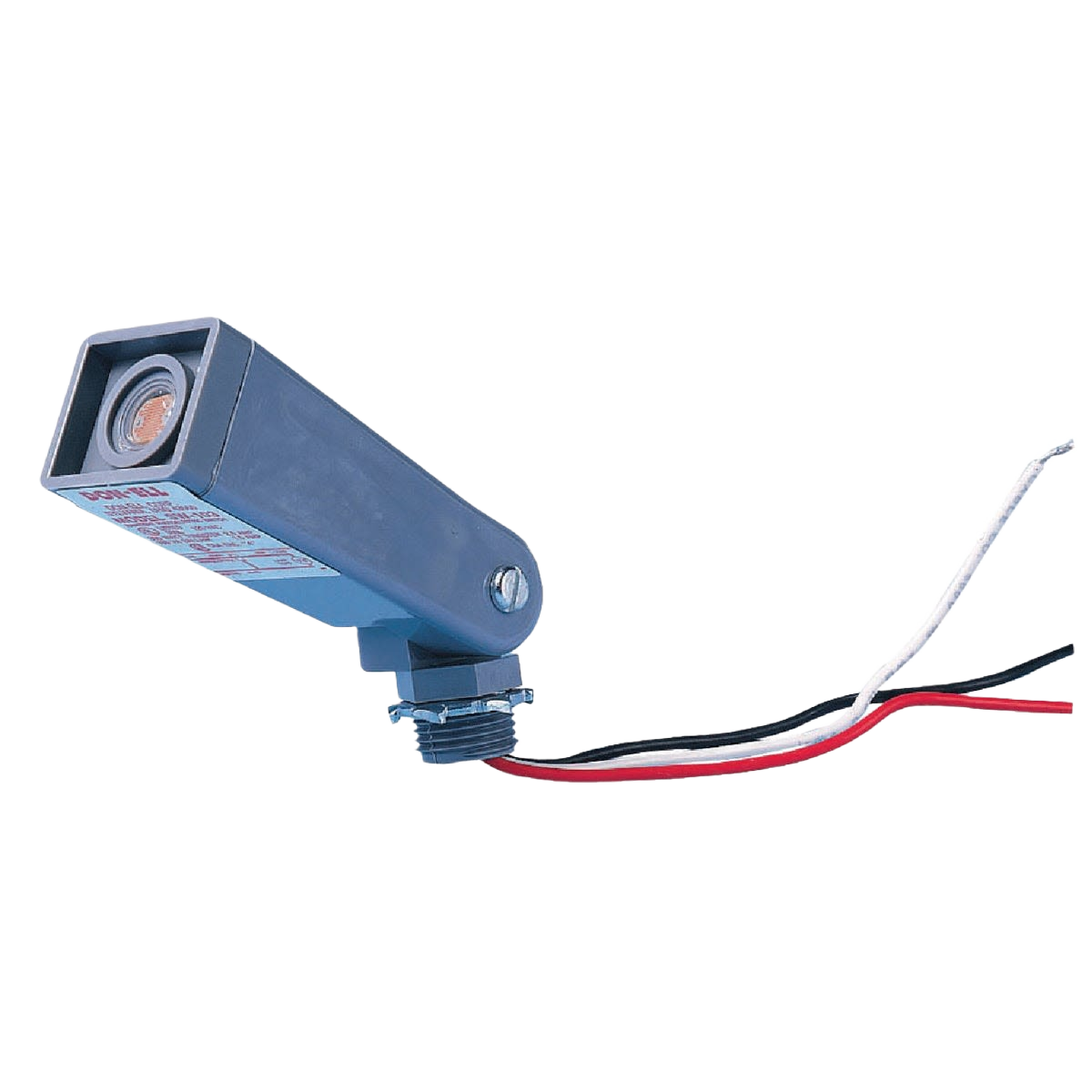 Gray hard wire floodlight photocell with swivel mount and wiring for outdoor electrical home improvement projects