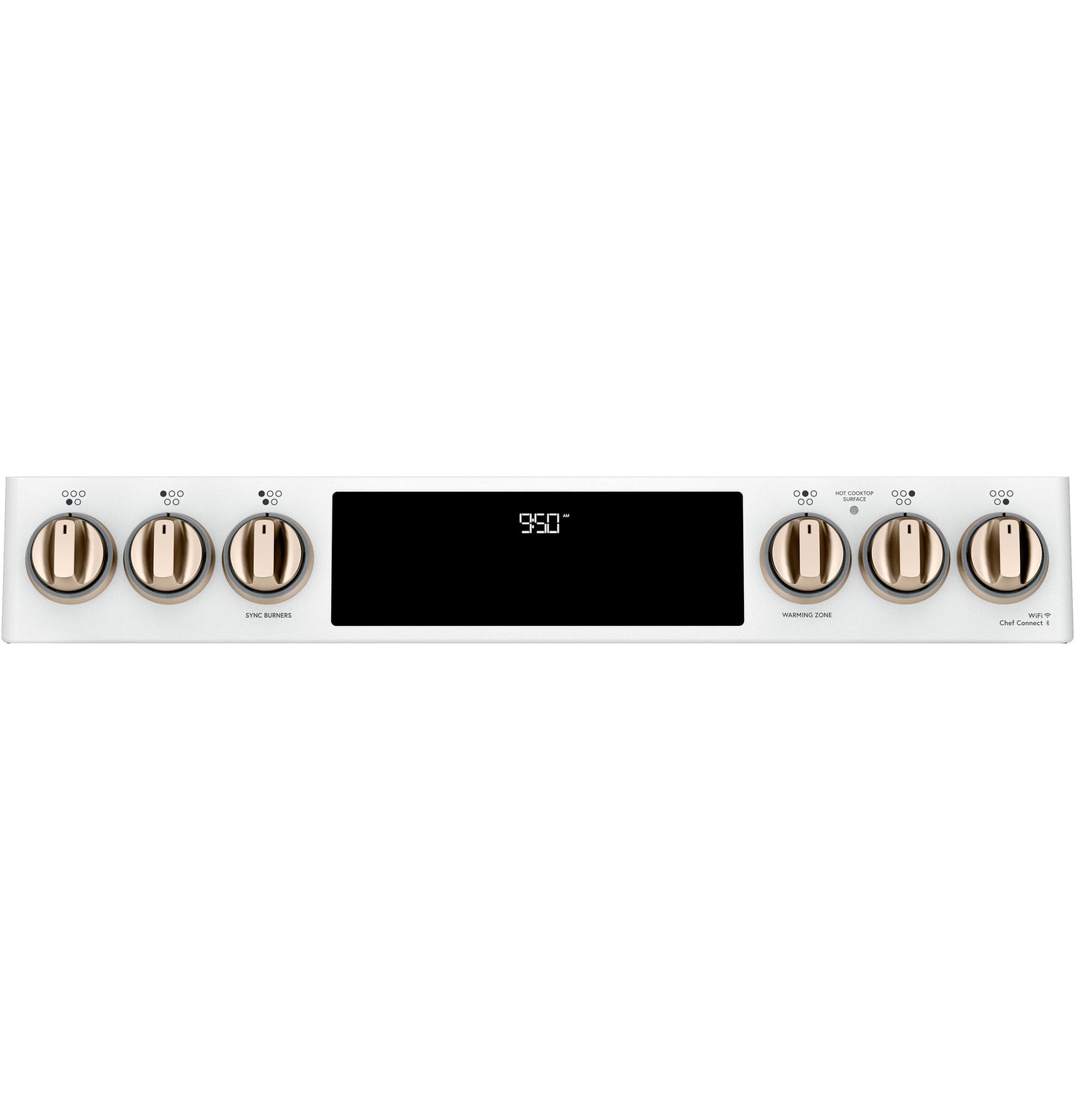 White control panel with bronze knobs and central digital display for temperature in kitchen ranges and appliances collection