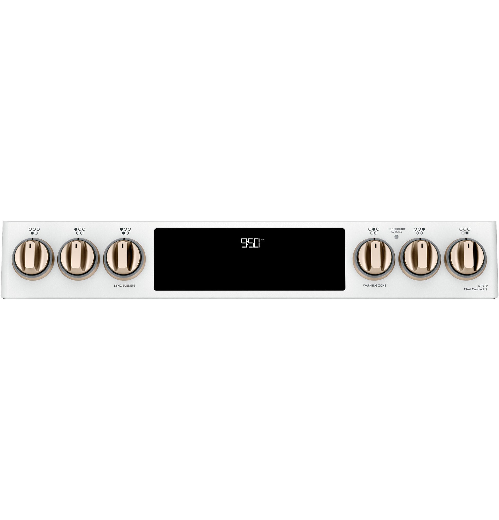 White control panel with bronze knobs and central digital display for temperature in kitchen ranges and appliances collection