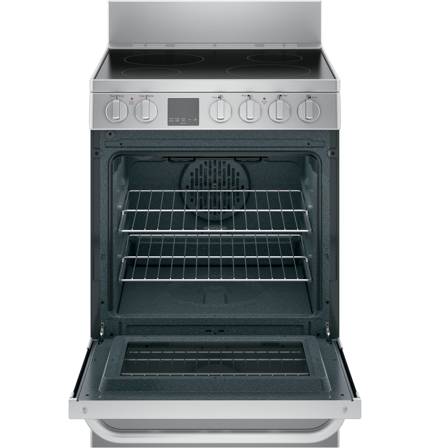 Open stainless steel electric range with dual racks, smooth cooktop, control knobs, and digital display panel visible
