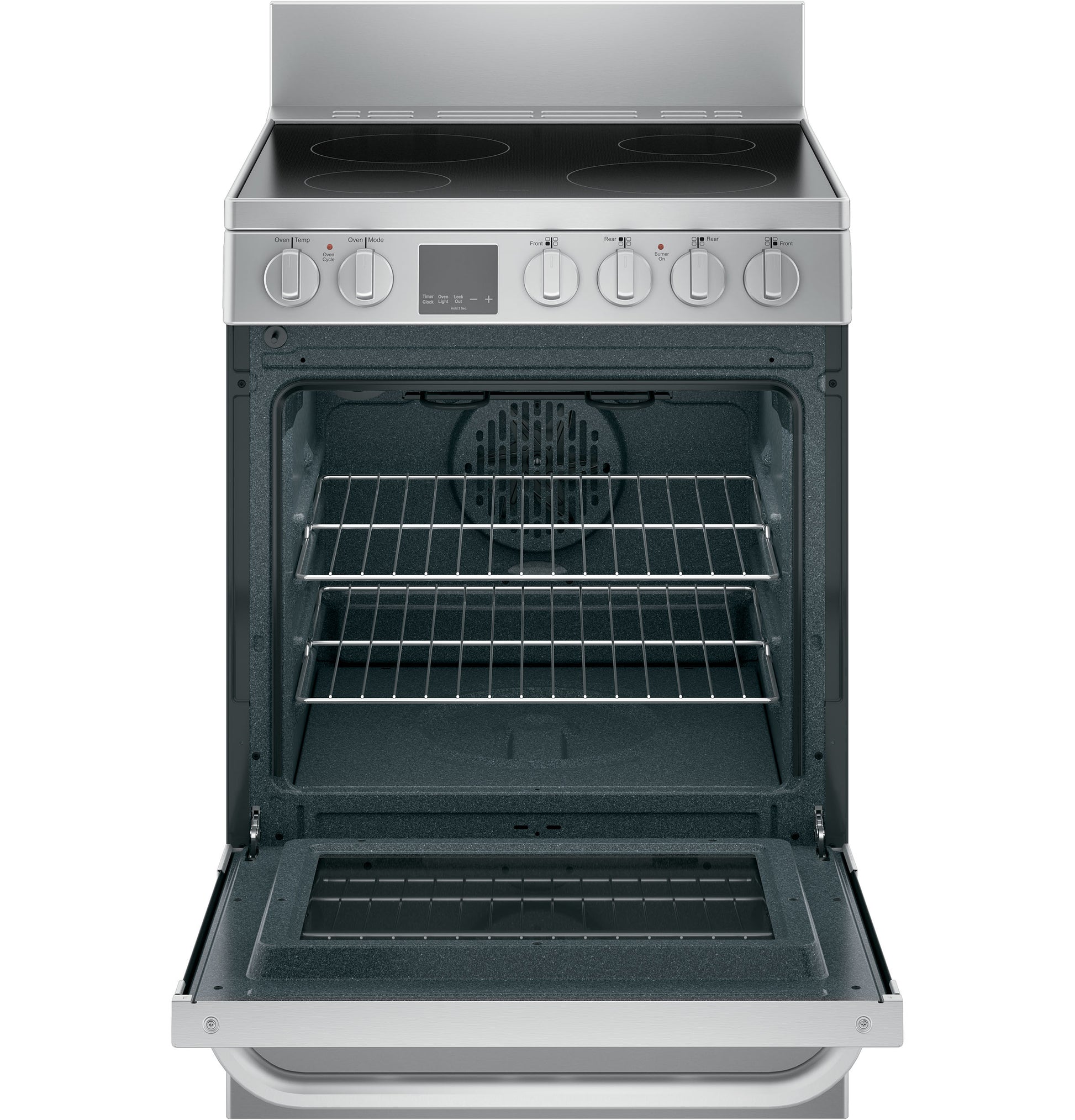 Open stainless steel electric range with dual racks, smooth cooktop, control knobs, and digital display panel visible