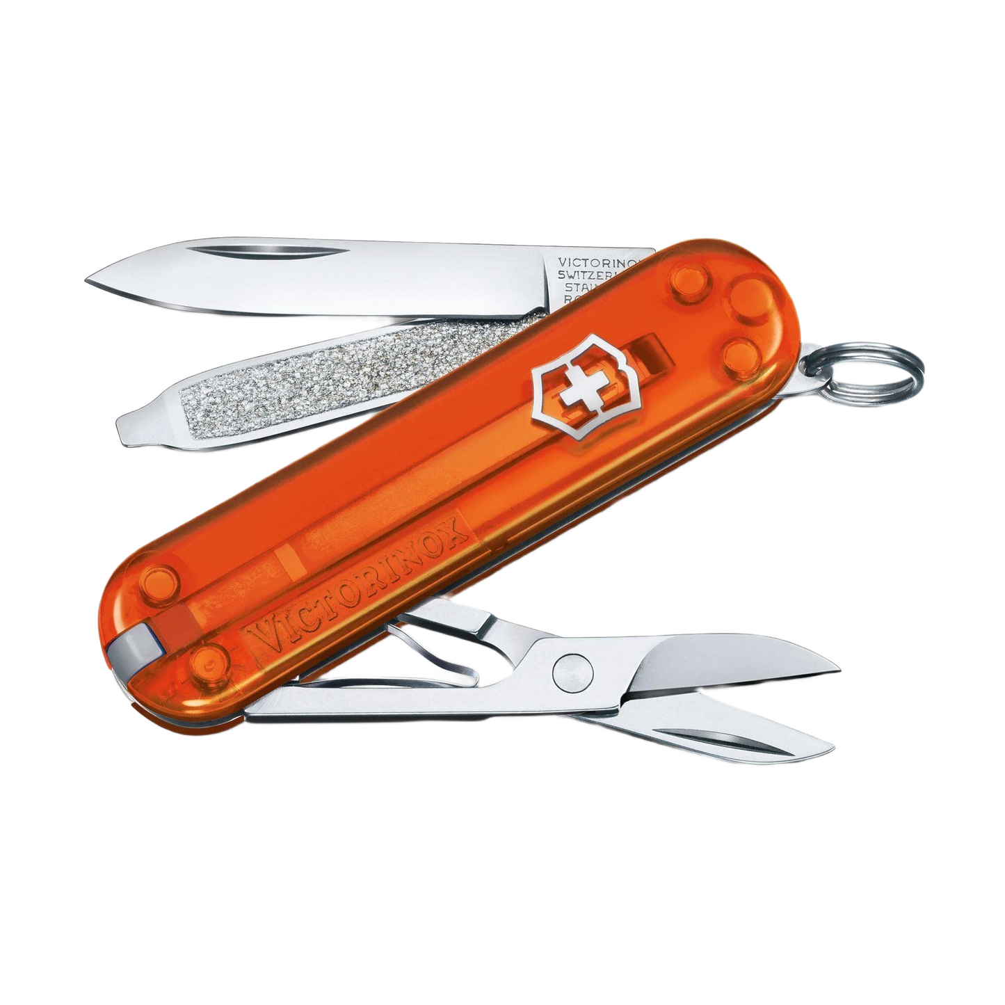 Compact orange Swiss Army pocket knife with scissors, nail file, and small blade for cutting and woodworking tools collections