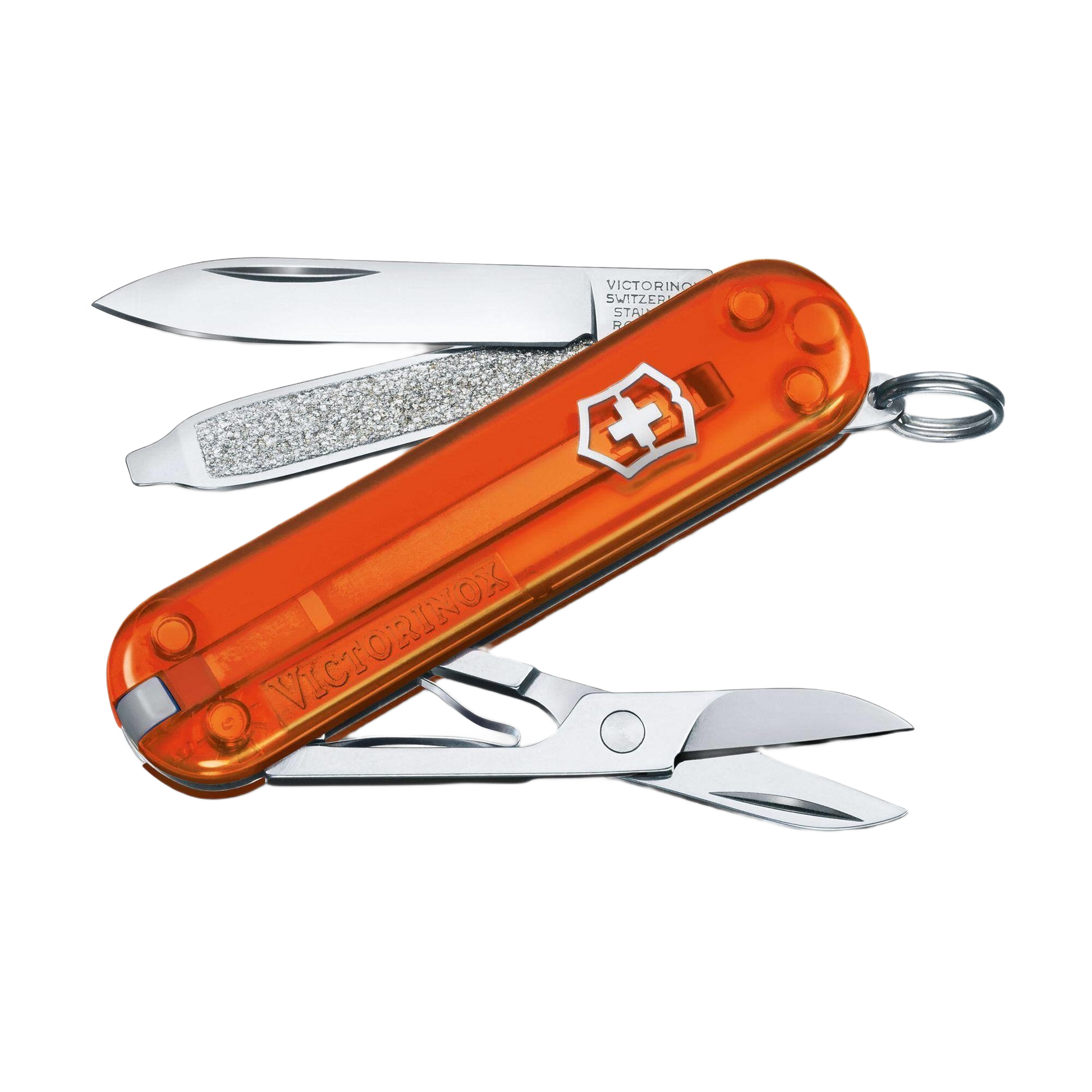 Compact orange Swiss Army pocket knife with scissors, nail file, and small blade for cutting and woodworking tools collections