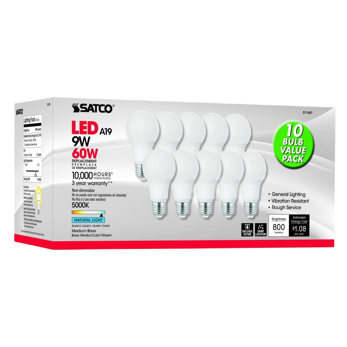 Pack of ten Satco 9 watt A19 LED natural light bulbs with medium base for energy-saving home lighting tasks