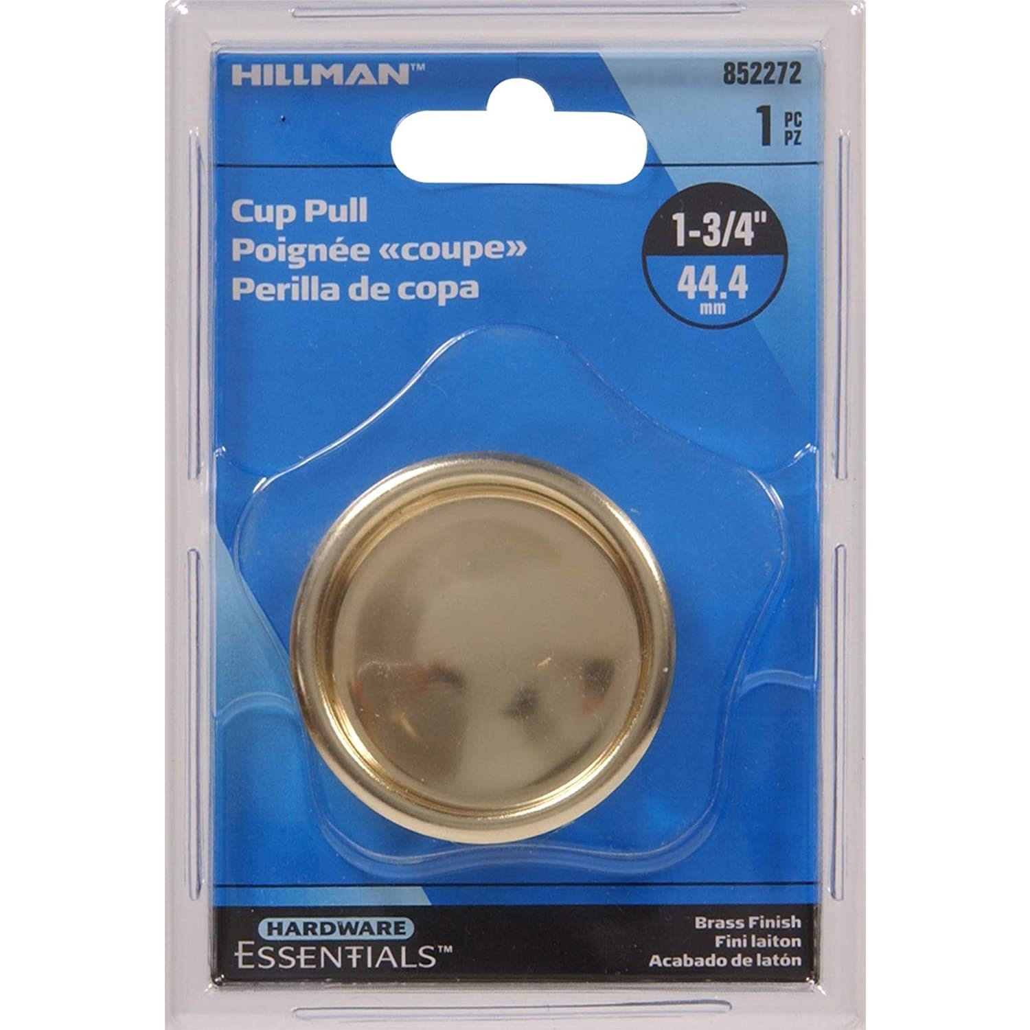 Polished brass cup pull with 1-3/4 inch size for home improvement and cabinetry hardware projects