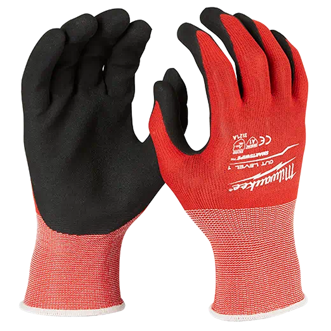 Pair of red and black nitrile coated cut level 1 gloves designed for protection in tools and home improvement tasks