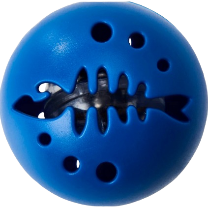 Blue pet toy ball with fishbone-shaped cutout and ventilation holes for interactive cat playtime