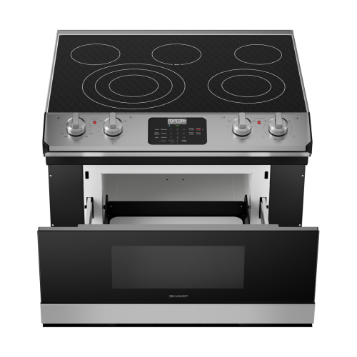 Brushed stainless steel electric cooktop with five heating elements, digital display, and open microwave drawer below
