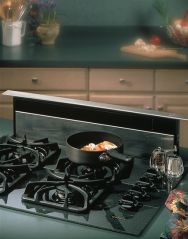 Black downdraft ventilation system with top cover installed behind cooktop in kitchen and home improvement collections