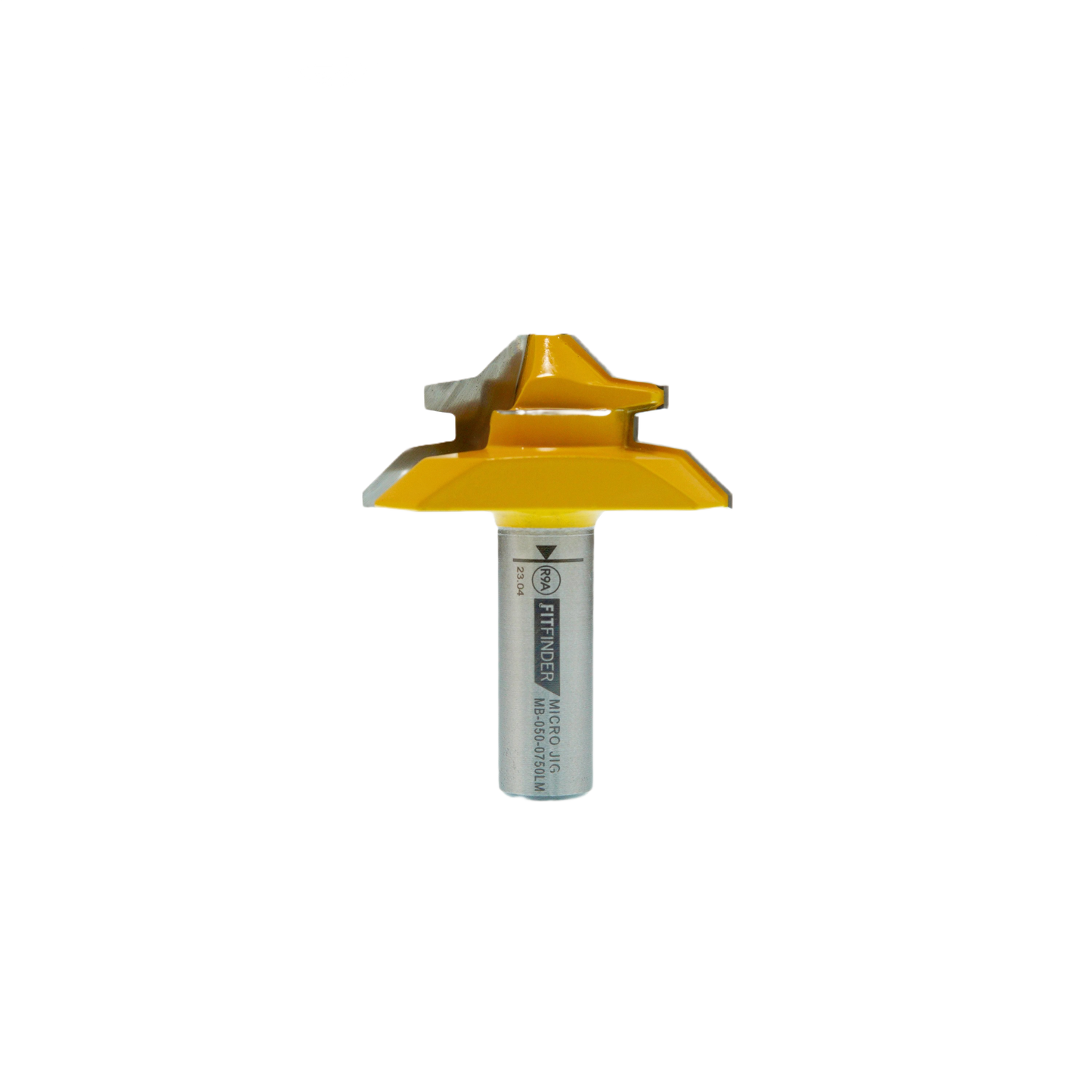 Yellow and silver lock miter router bit with 1/2 inch shank for precision woodworking and home improvement projects