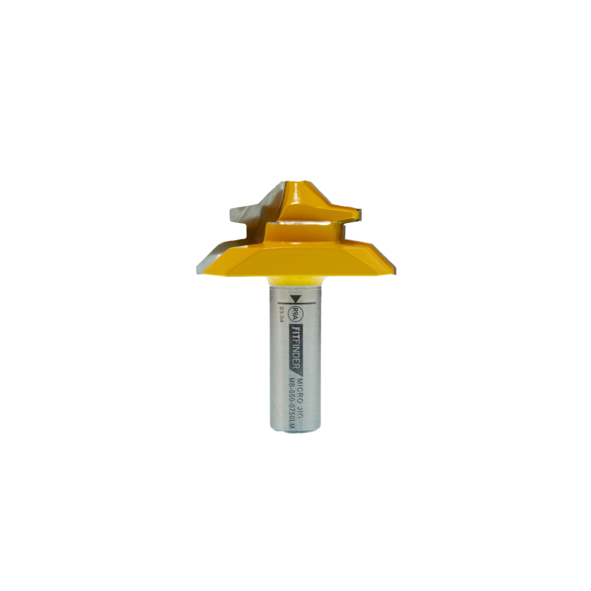 Yellow and silver lock miter router bit with 1/2 inch shank for precision woodworking and home improvement projects