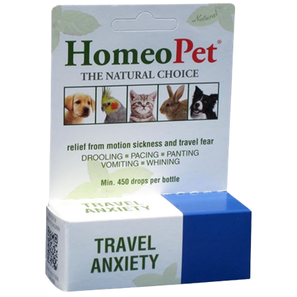 Box of Homeopet travel anxiety drops for pets featuring relief from motion sickness symptoms like drooling and pacing