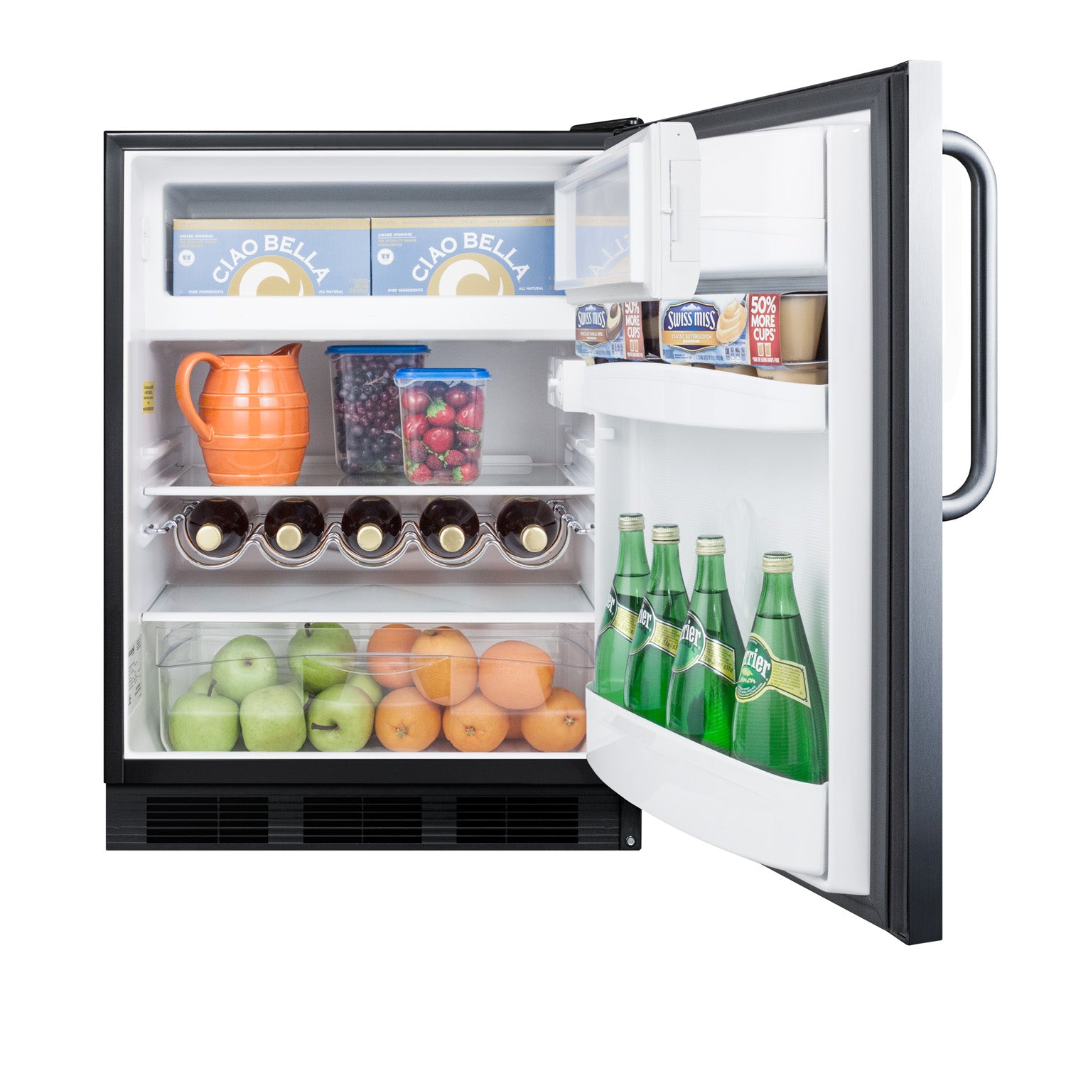 Open undercounter refrigerator with black trim showing beverages, fruit, and packaged food in kitchen appliance setting
