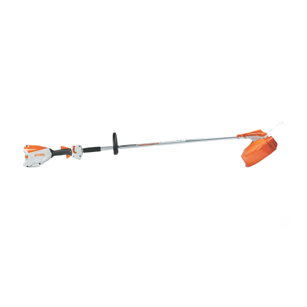 Lightweight battery-powered trimmer with adjustable loop handle and protective guard for outdoor lawn care tasks