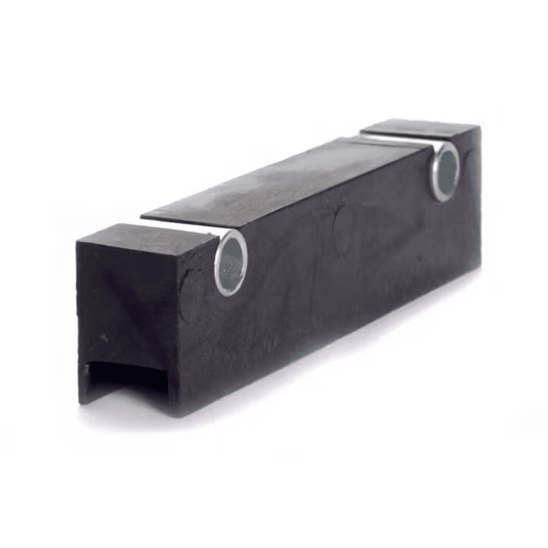 Black plastic glide plate with metal inserts designed for smooth operation in outdoor power tools and shop equipment collections