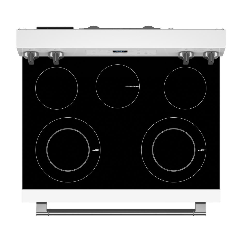 Top view of black ceramic glass 30-inch electric range cooktop with five burners and metallic control knobs from Ranges collection