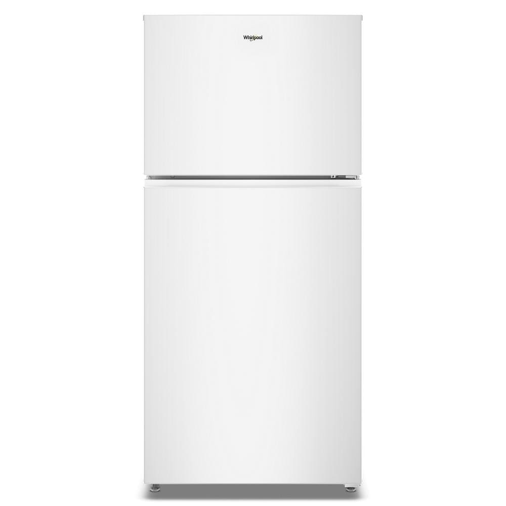 White Whirlpool top freezer refrigerator with smooth finish and simple modern design for kitchen appliances collections