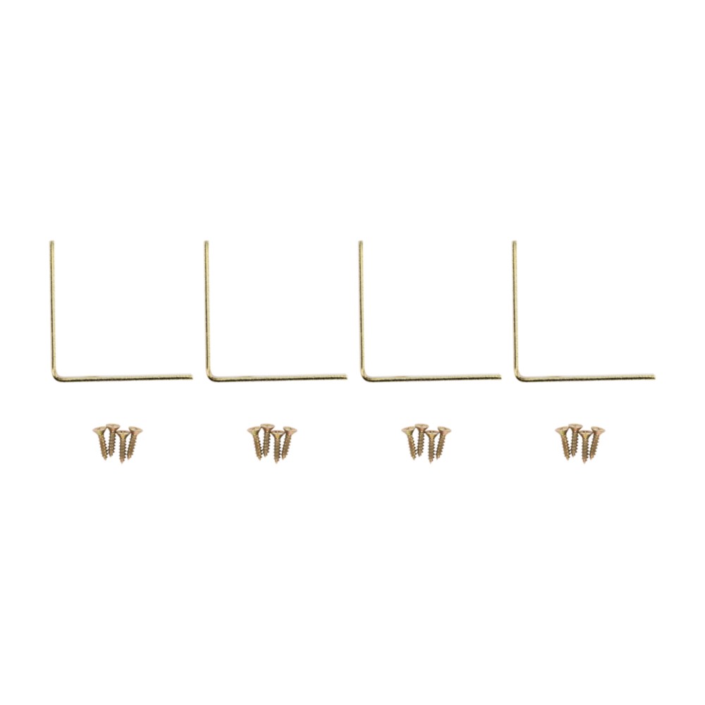 Set of four brass-finished steel corner braces with mounting screws for home improvement and building hardware projects