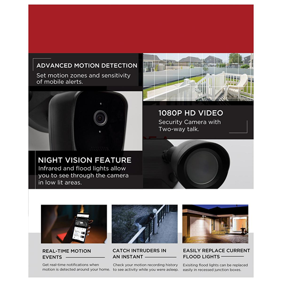 Black bullet-style outdoor camera with 1080p HD video, night vision, motion detection, and replaceable floodlight for home security