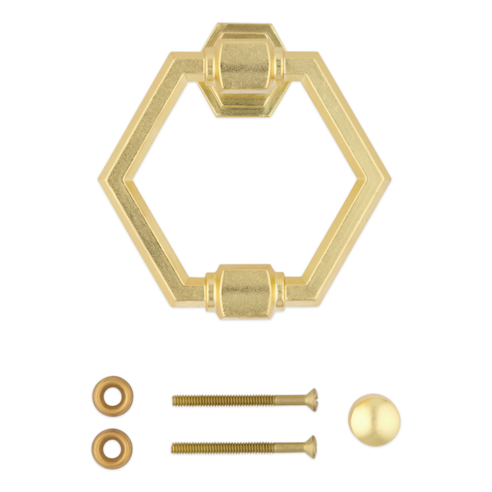 Brushed gold hexagonal door knocker with mounting screws for elegant door accessories and home improvement projects