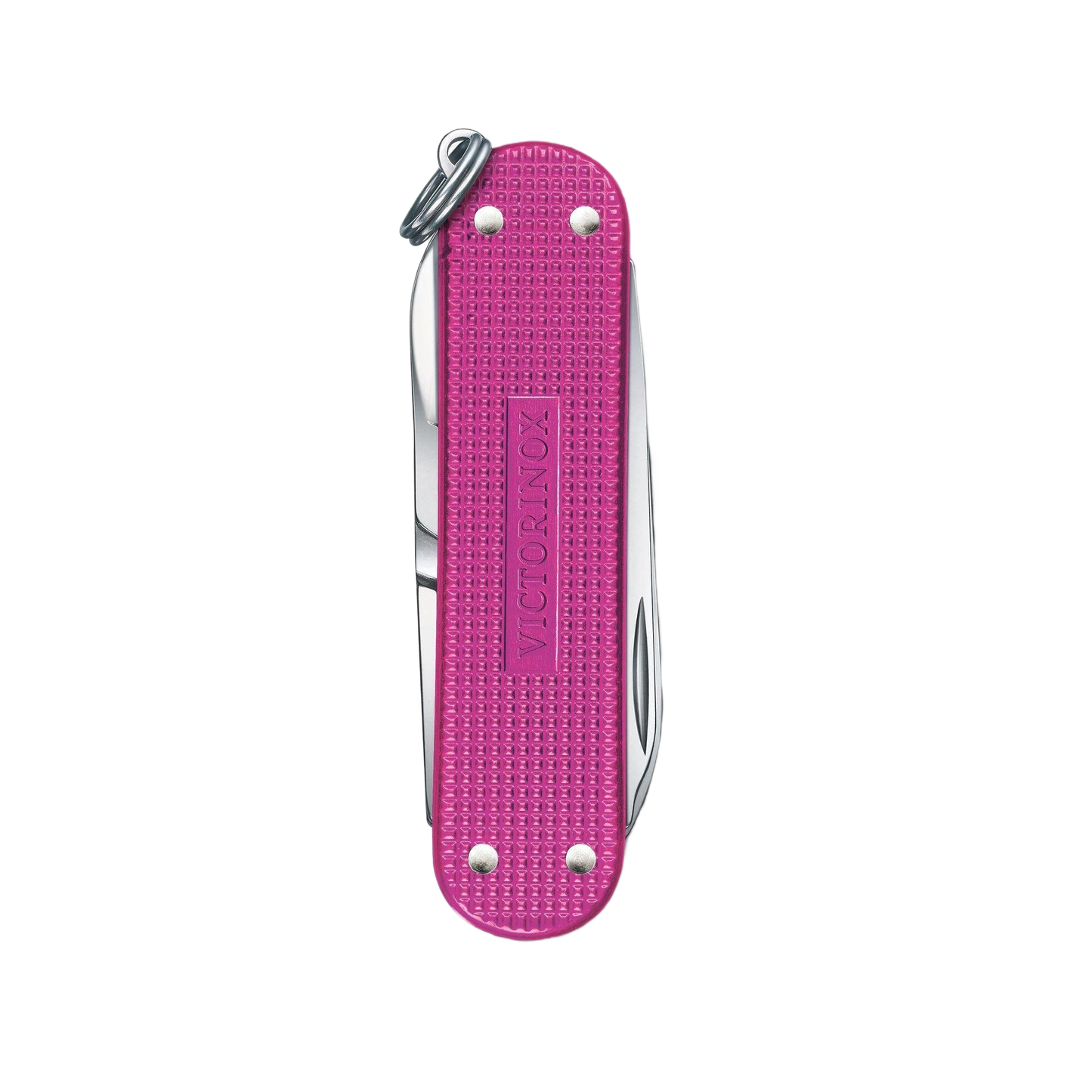 Compact pink alox pocket knife with multiple functions for cutting and woodworking in hand and multi-tool collections