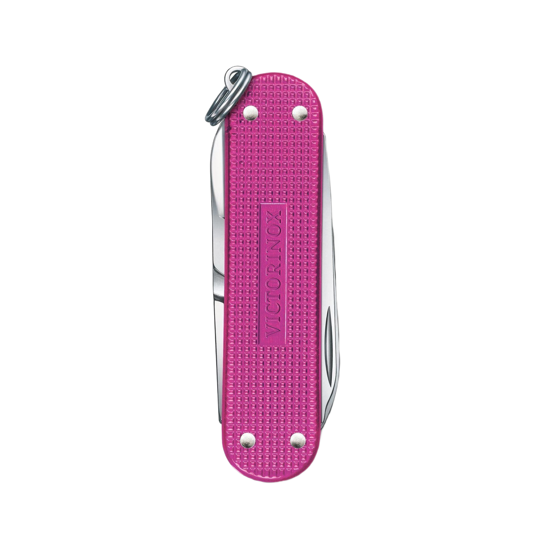 Compact pink alox pocket knife with multiple functions for cutting and woodworking in hand and multi-tool collections