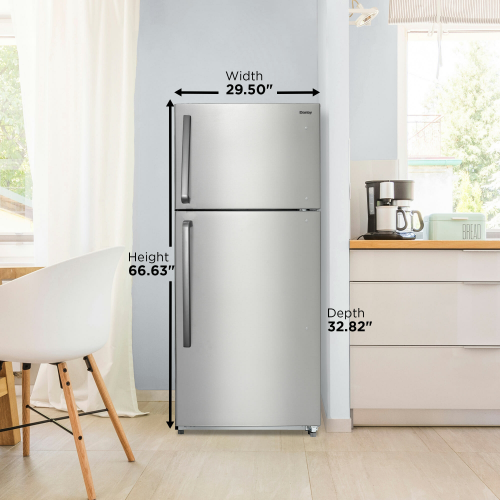 Stainless steel apartment refrigerator with top freezer, vertical handles, shown in modern kitchen and appliances setting