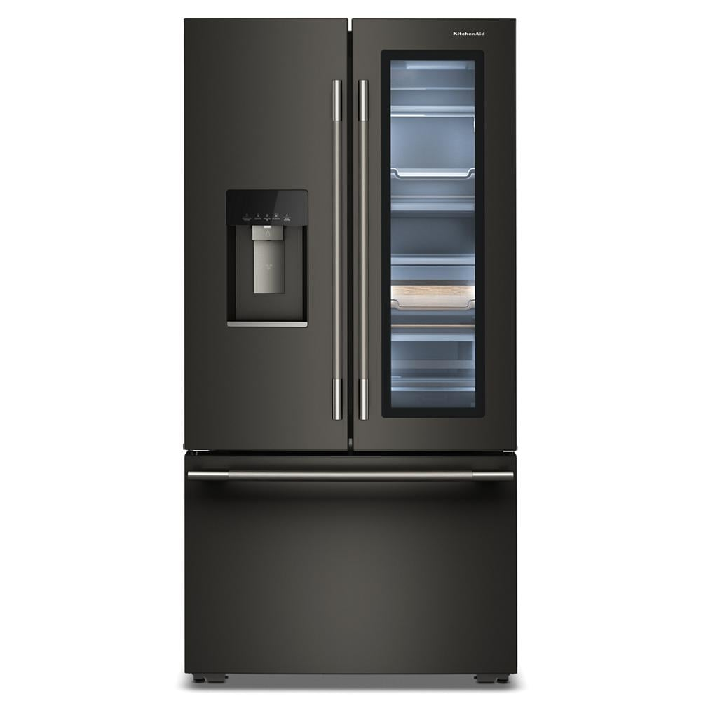 Front view of a black counter-depth French door refrigerator with a clear glass door, internal shelves, water dispenser, and bottom freezer drawer, part of KitchenAid refrigerators, French Door Refrigerators, Appliances, and Kitchen & Kitchenware collections.