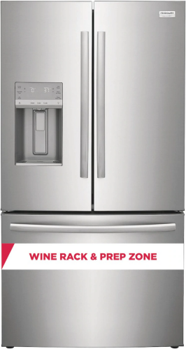Stainless steel French door refrigerator with water dispenser, digital control panel, and lower freezer drawer in appliances collection
