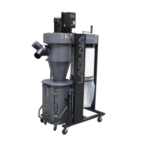 Industrial cyclone dust collector with gray metal body, filter bag, and wheels for easy mobility in workshops