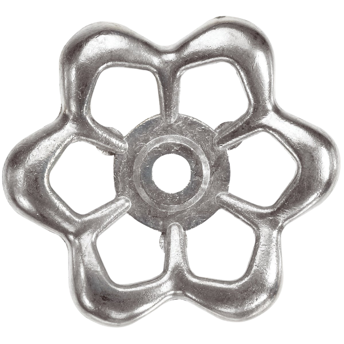 Silver metal faucet valve handle with six rounded spokes for tools and home improvement use