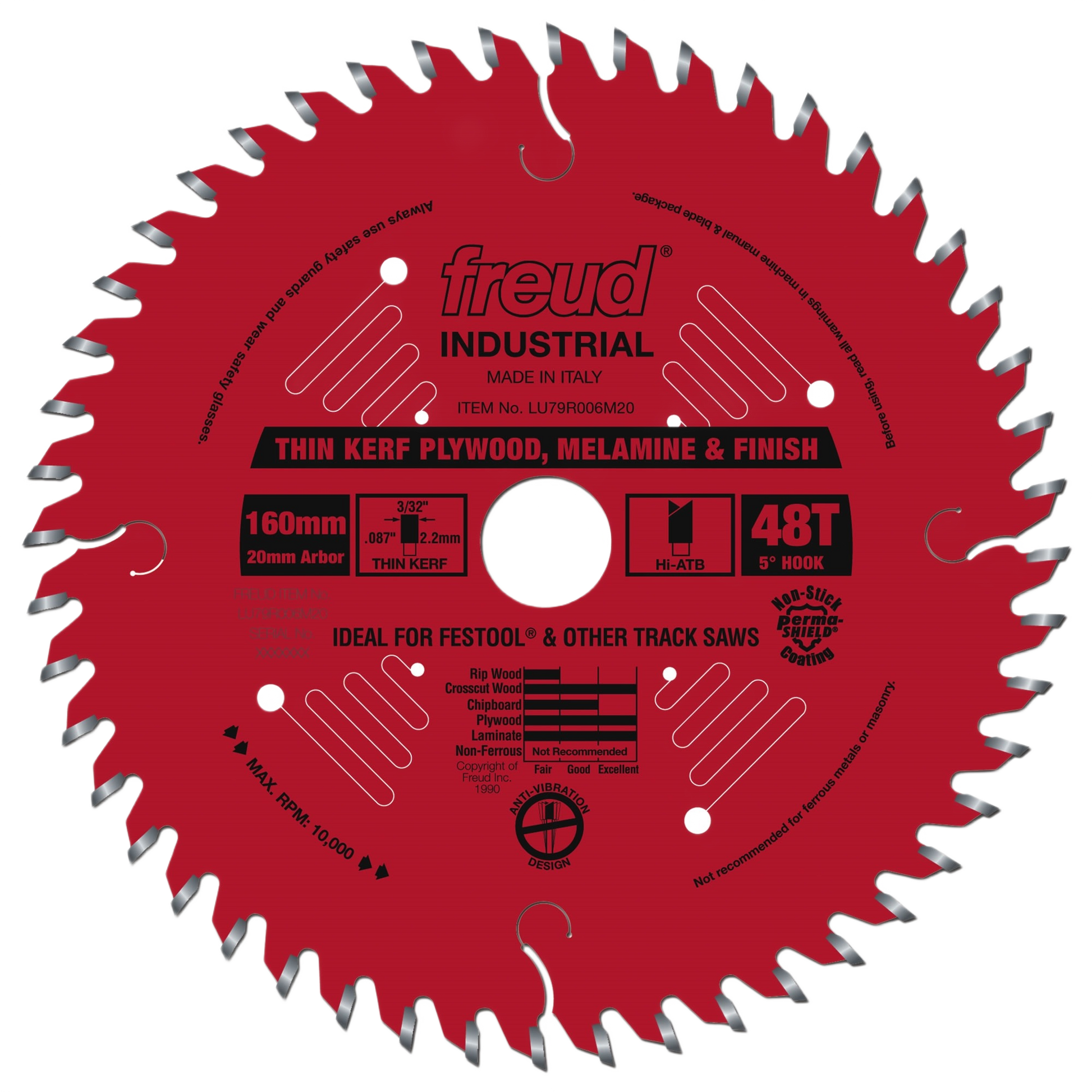 Red circular saw blade with 48 teeth designed for thin kerf plywood and finish cuts on track saws and power tools