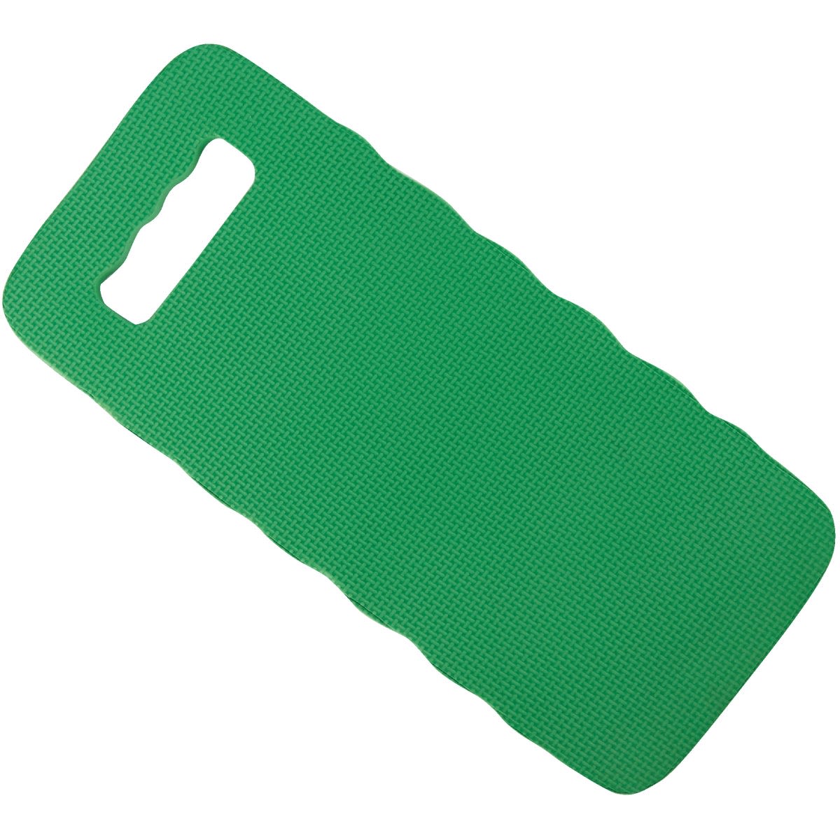 Green foam kneeling pad with contoured edges and a built-in handle for comfort and easy portability in gardening tasks