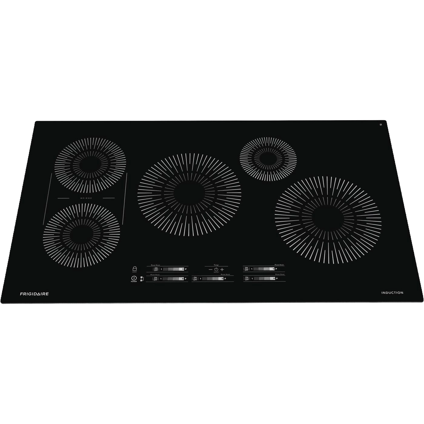 Black glass induction cooktop with five cooking zones and touch controls, part of kitchen appliances and cooktops collection.