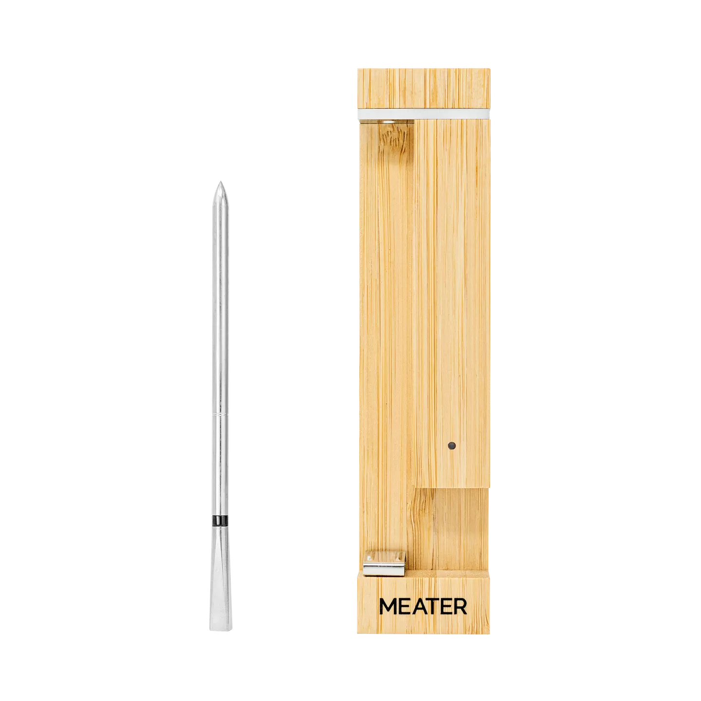 Wireless stainless steel meat probe with natural wood charging case for cooking and home improvement tools