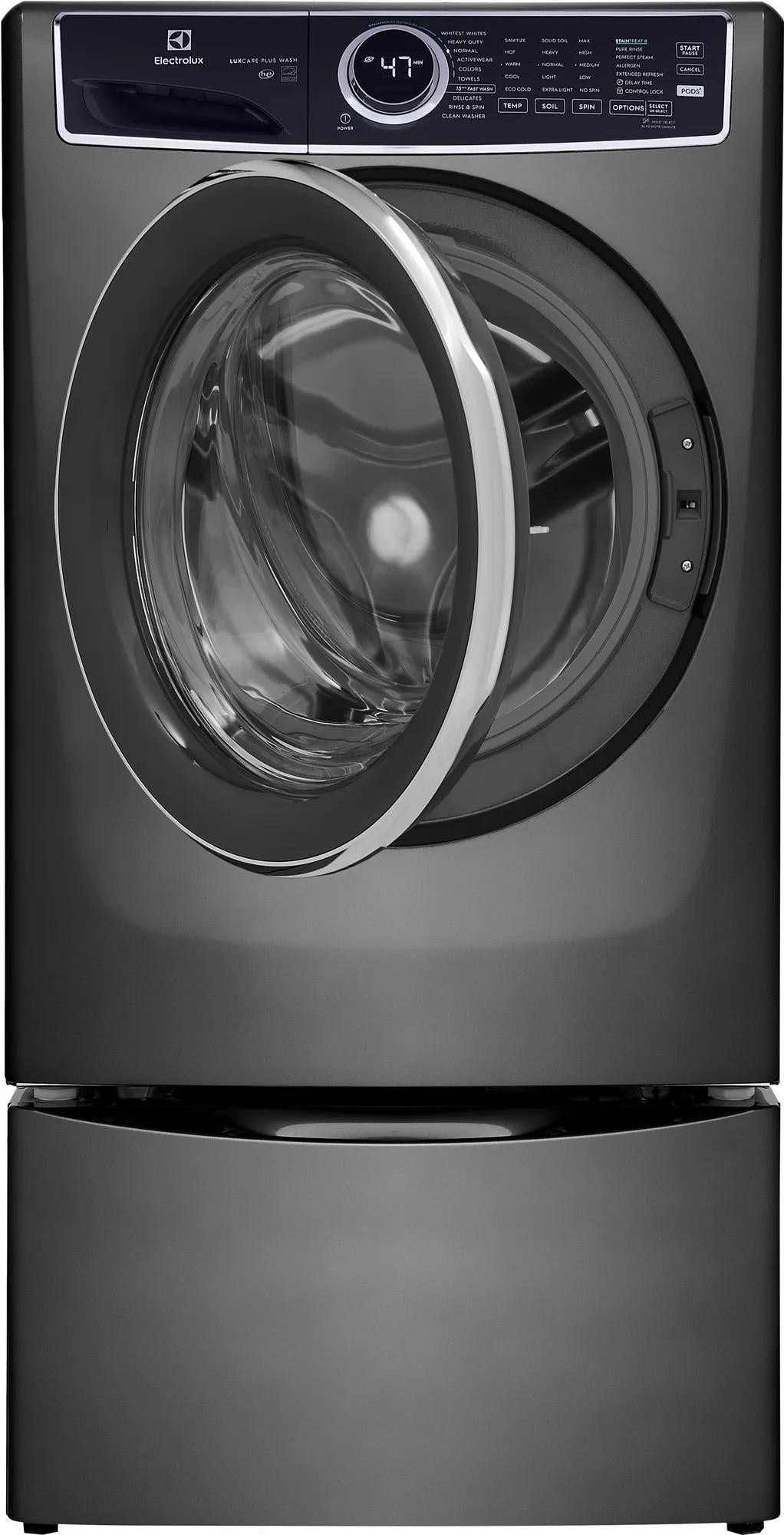 Dark gray front load washer with pedestal drawer and open door showing drum in washers and appliances collection