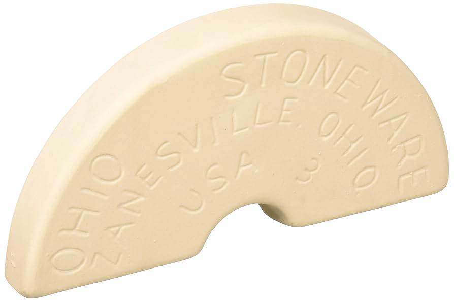 Beige stoneware fermentation weight shaped for crocks with embossed Ohio and Zanesville markings, ideal for kitchenware collections