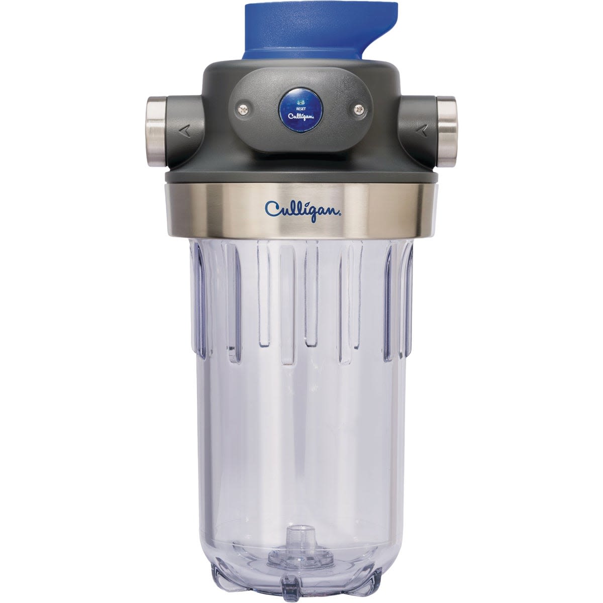 Heavy-duty whole house filtration system cartridge with clear housing and blue valve handle for home water treatment
