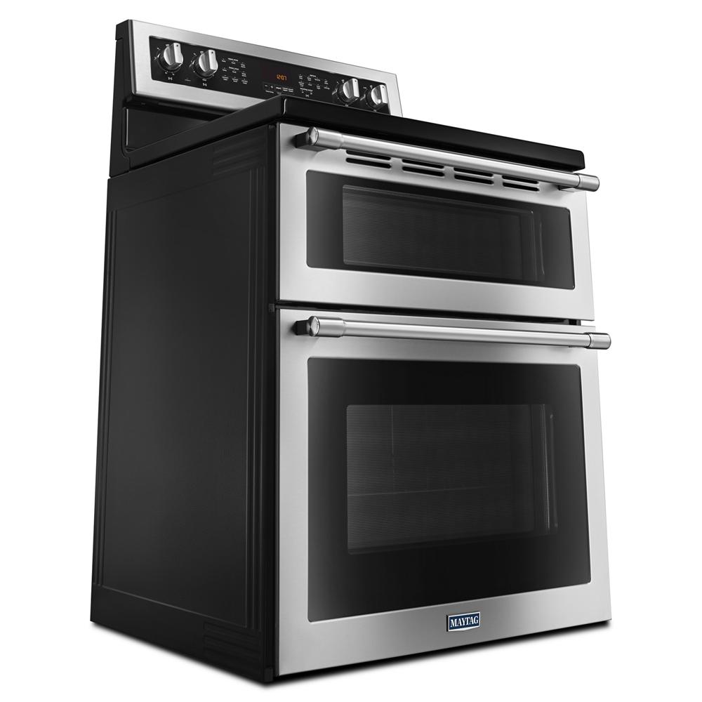 Stainless steel double oven electric range with true convection, six control knobs, digital display, and black side panels, part of Ranges, Electric Ranges, Kitchen & Kitchenware, Appliances, and Ranges & Cooktops collections.