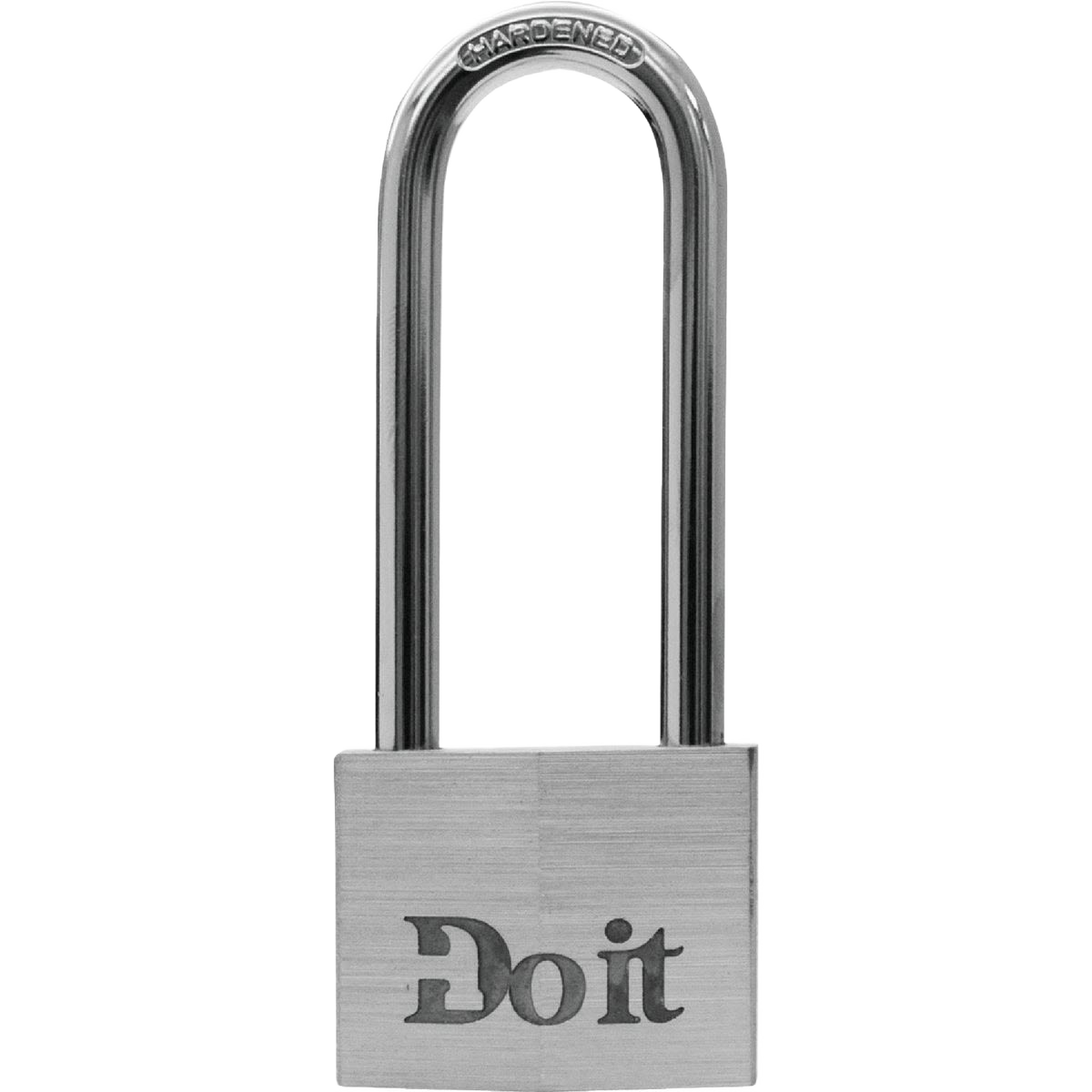 Aluminum padlock with long hardened shackle and engraved "Do it" logo for hardware and home improvement use