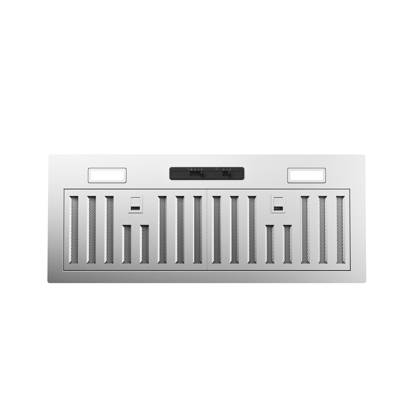 stainless steel insert range hood with hybrid baffle filters and dual LED lights in kitchen and appliances collection