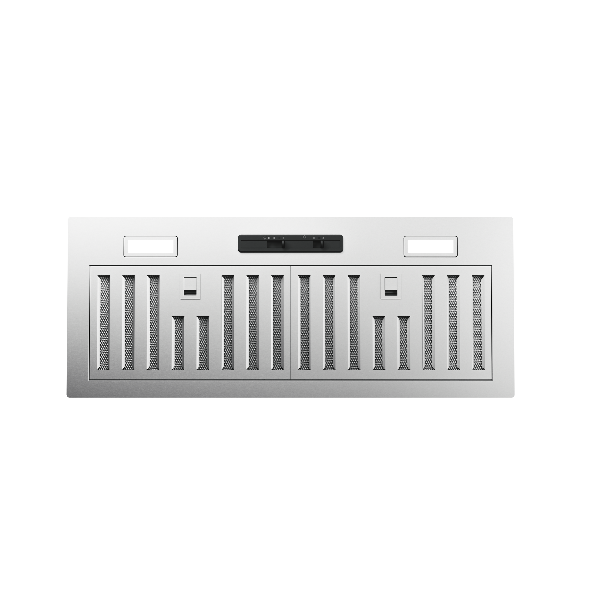stainless steel insert range hood with hybrid baffle filters and dual LED lights in kitchen and appliances collection