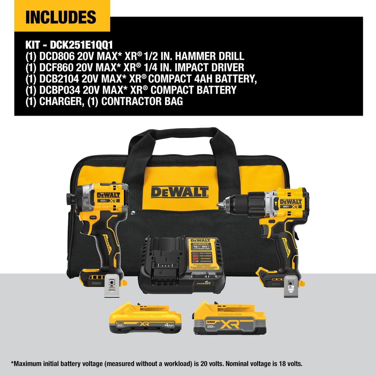 DEWALT 20V XR Li-Ion Cordless 2-Tool Combo Kit w/ 4.0 Ah and 1.7 Ah Batteries and Charger