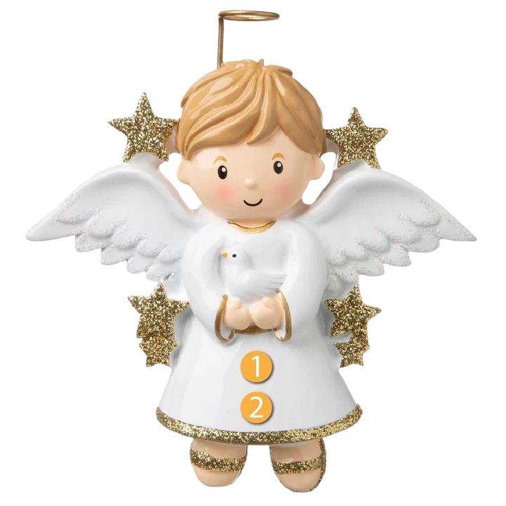 Blonde angel boy ornament holding a white dove with glittery gold stars, festive Christmas tree decoration under 50 dollars