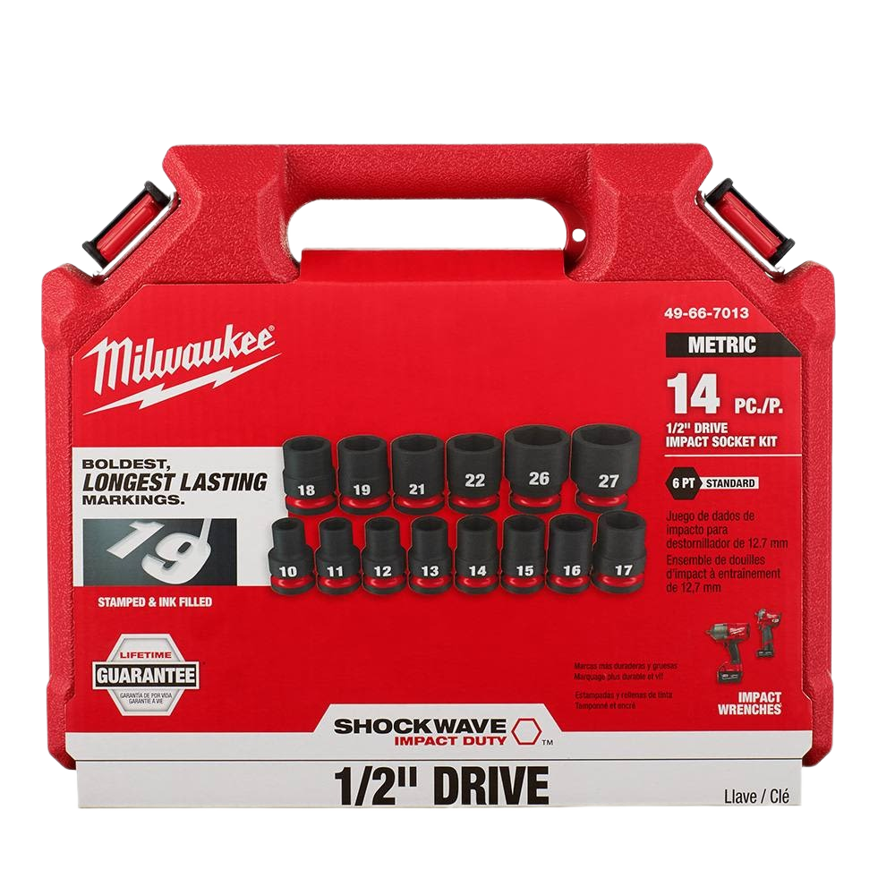 Red Milwaukee storage case with 14-piece metric 6-point impact sockets for heavy-duty hand tools and home improvement tasks