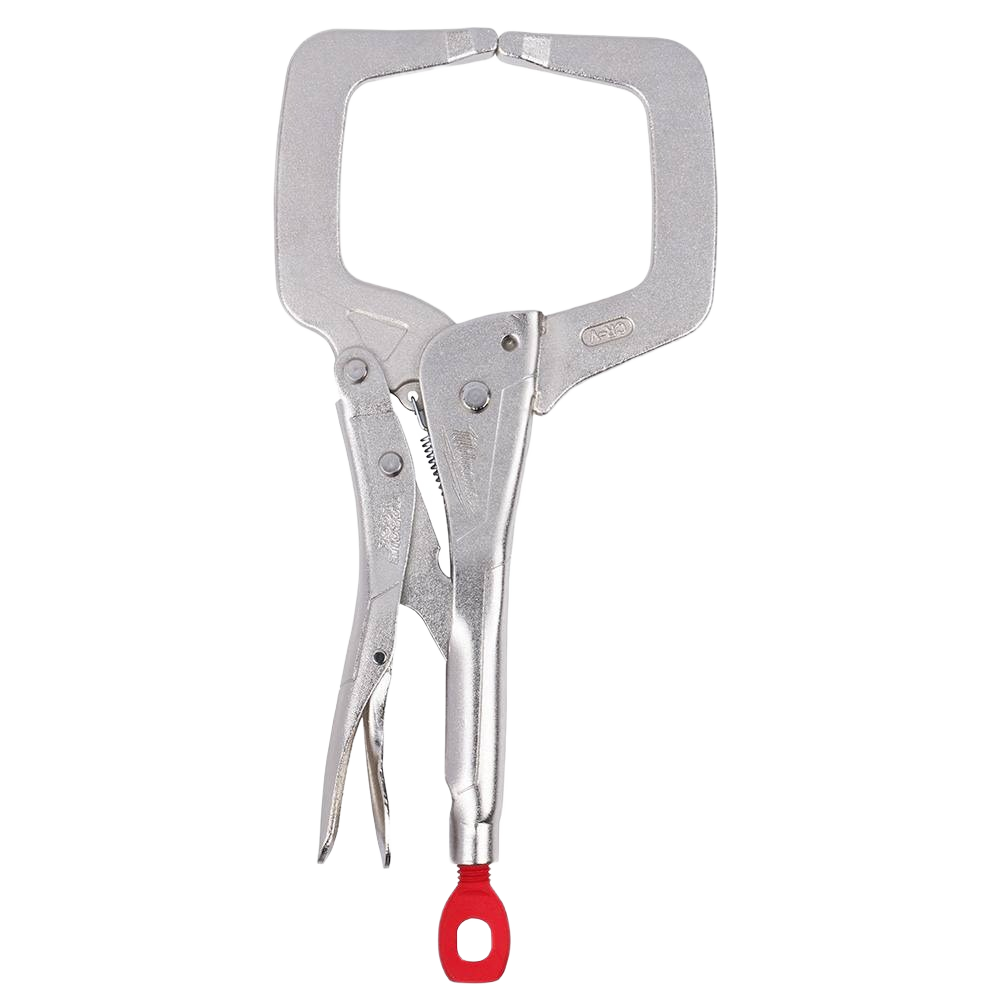 Silver locking C-clamp with ergonomic jaws and red hanging loop for woodworking and home improvement tools under $100