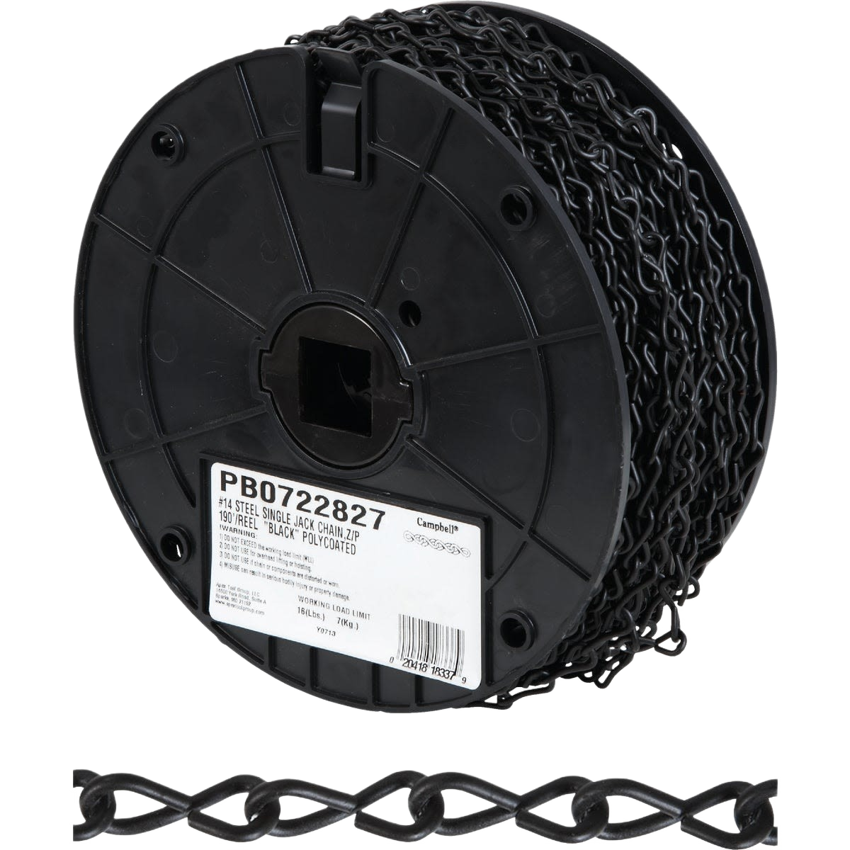 Black poly-coated low-carbon steel coil chain neatly wound on a spool for tools and home improvement use